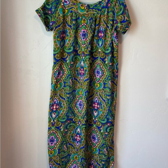 70s Vintage Psychedelic Paisley Dress Midi Short Sleeve Bright Green Pattern - Picture 4 of 7